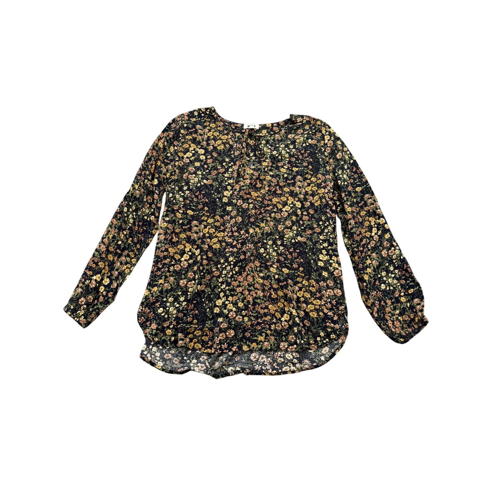 West K Floral Blouse Womens Small Black Long Sleeve Keyhole Tie Neck Top